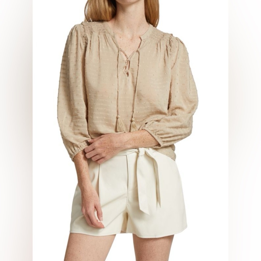 PAIGE Shaylene Clip Dot Top Sand Dollar Beige Boho Tassel Blouse Sz Medium